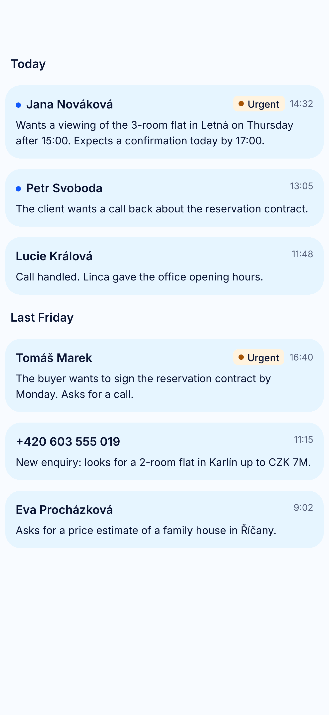 Call list in the Linca app, with urgent calls marked Urgent