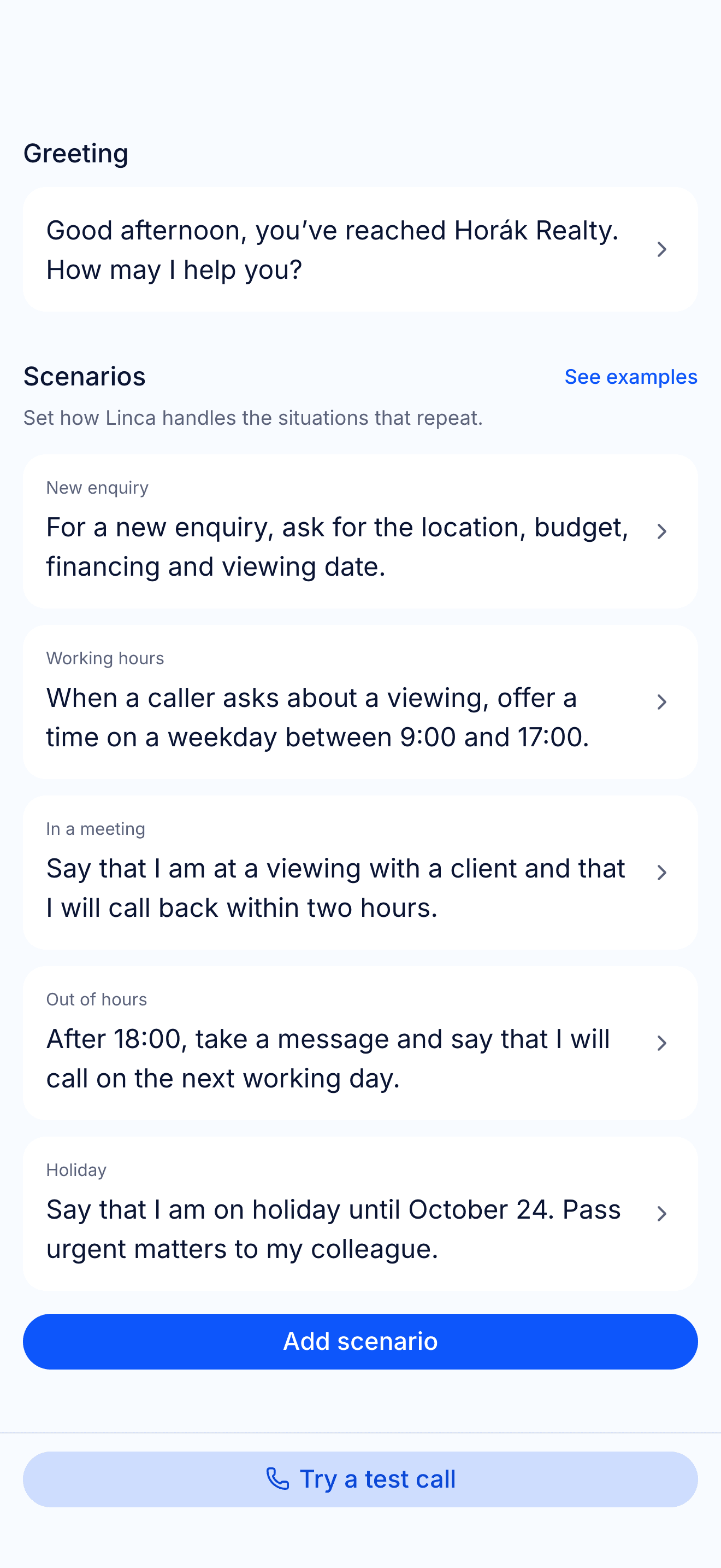 Greeting and scenarios for new inquiries, working hours, meetings, evenings and holidays