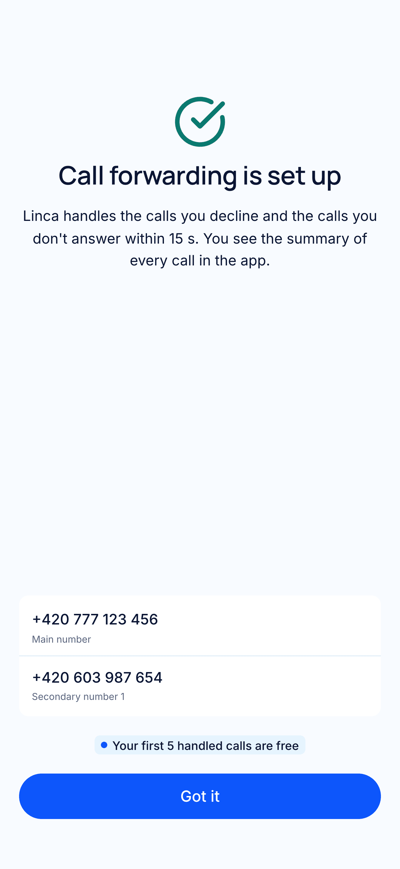 Confirmation in the Linca app: forwarding is set up for 2 numbers