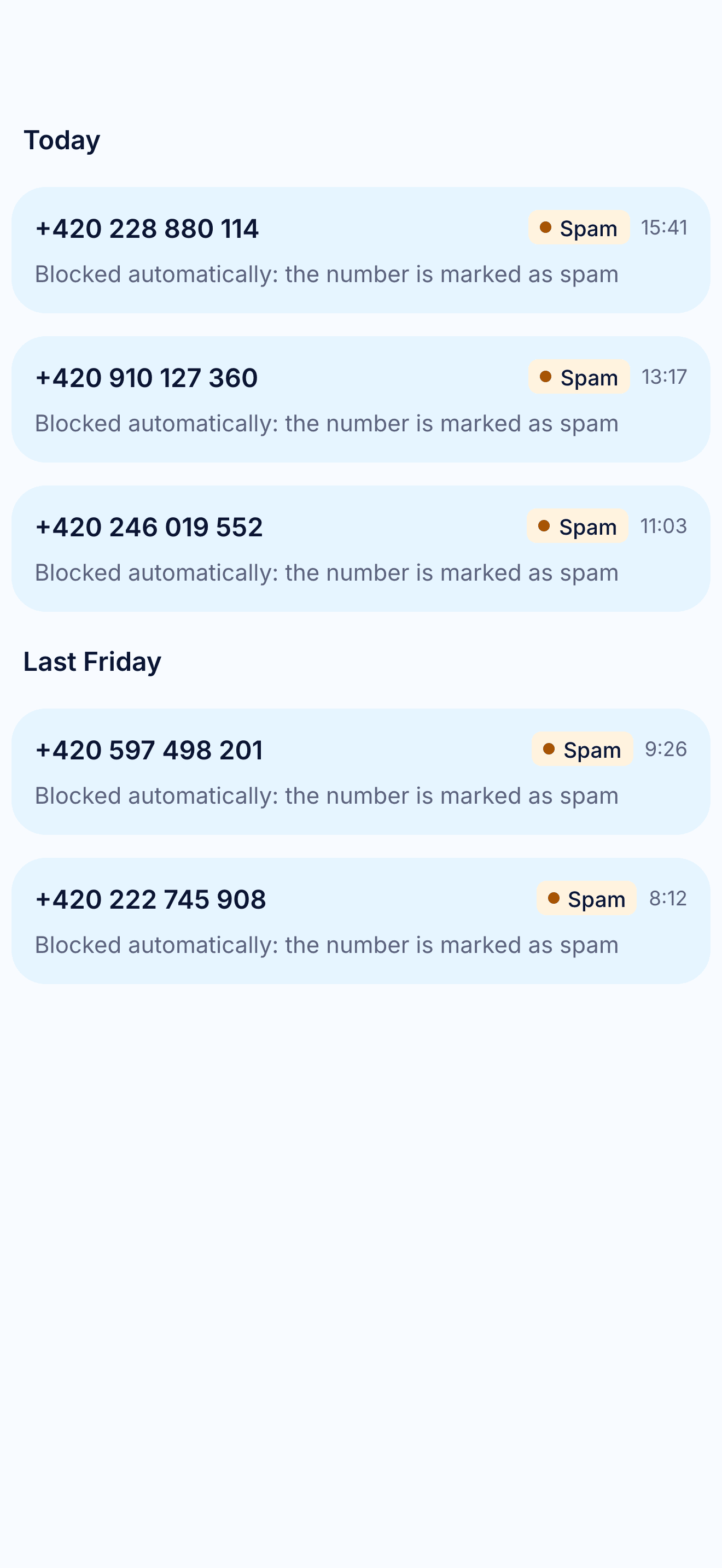 Spam calls that Linca blocked automatically