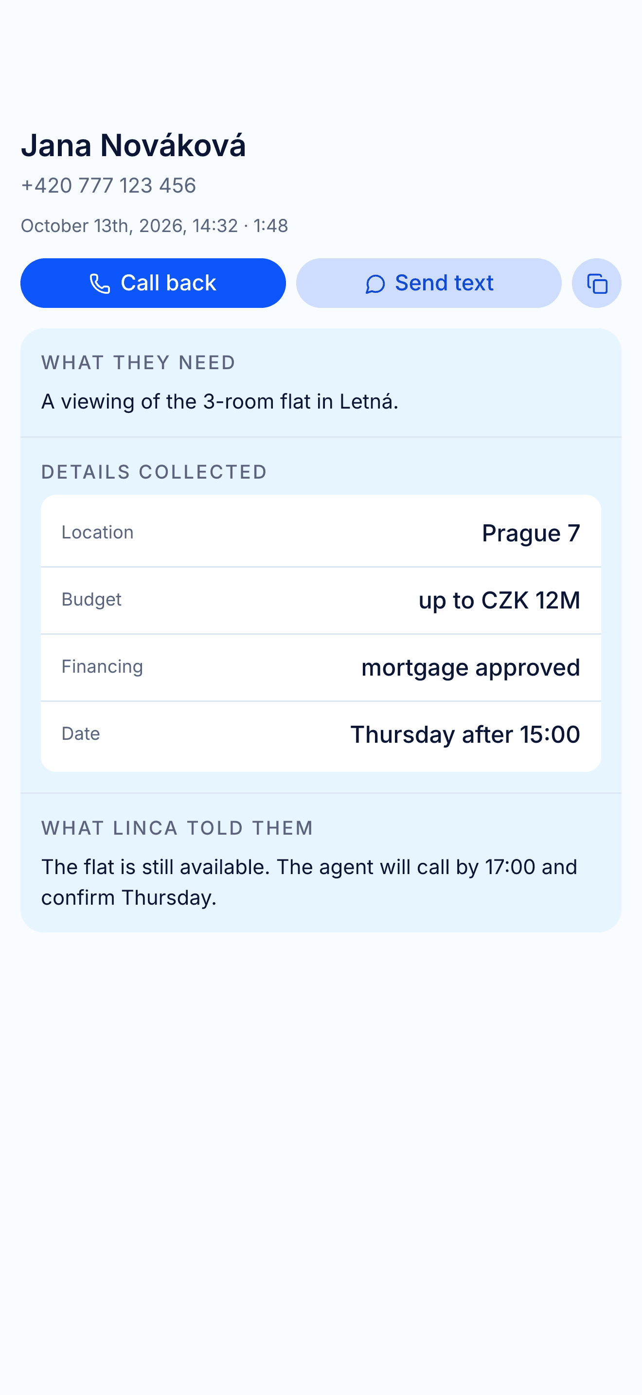 Call summary in the Linca app: who called, what they need, the collected details and what Linca told them
