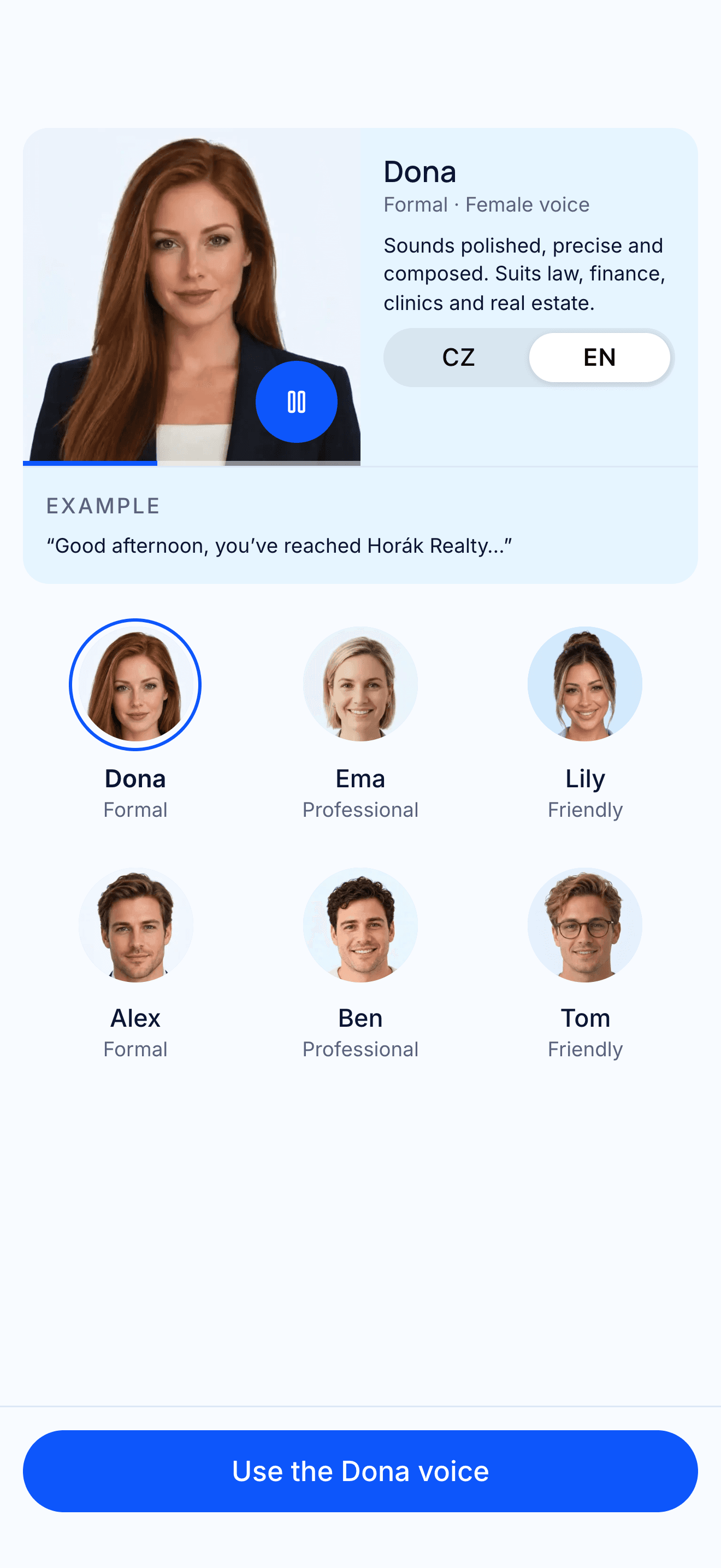 Choosing one of 6 voices in the Linca app