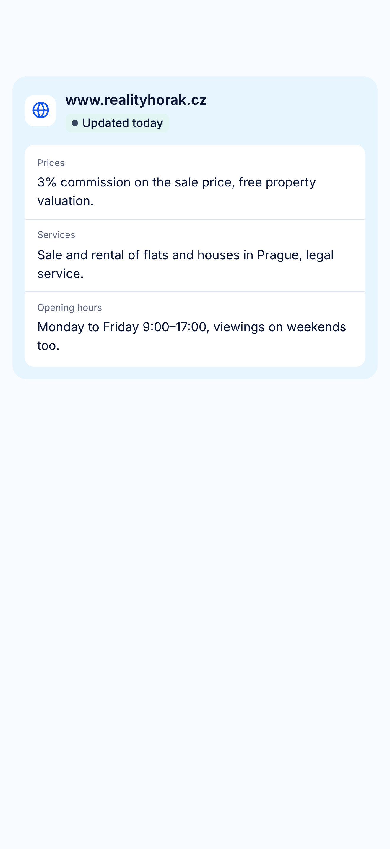 Prices, services and opening hours that Linca read from the firm’s website